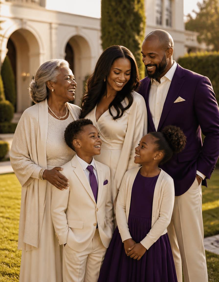 Three generations of a Black family — grandmother, parents, and two children — laughing together on the lawn of an estate at golden hour